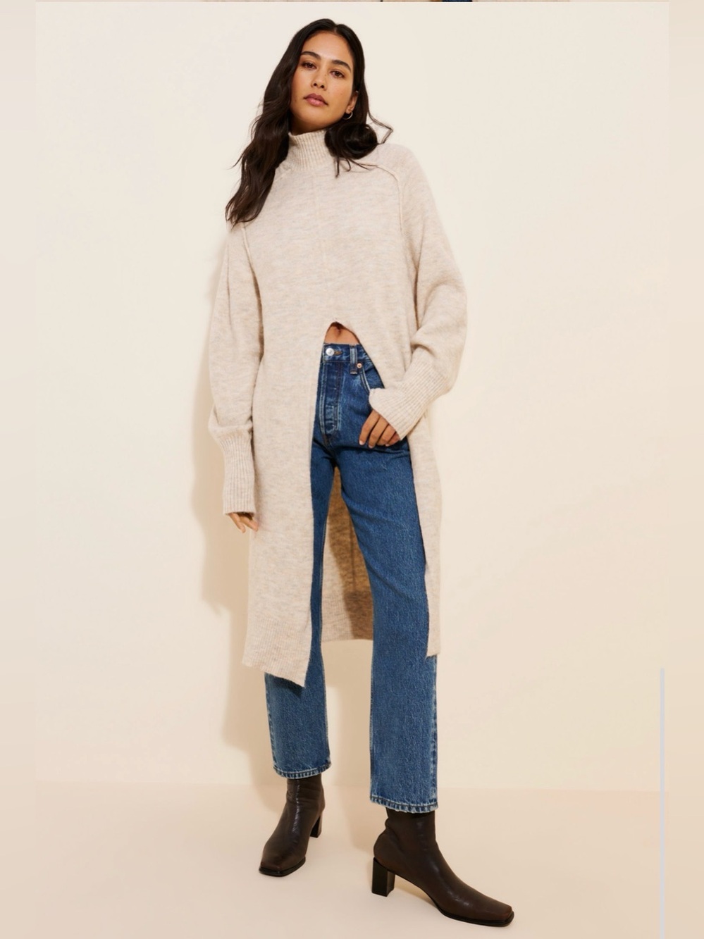 By Anthropologie Longline Split Turtleneck Sweater Neutral Cream